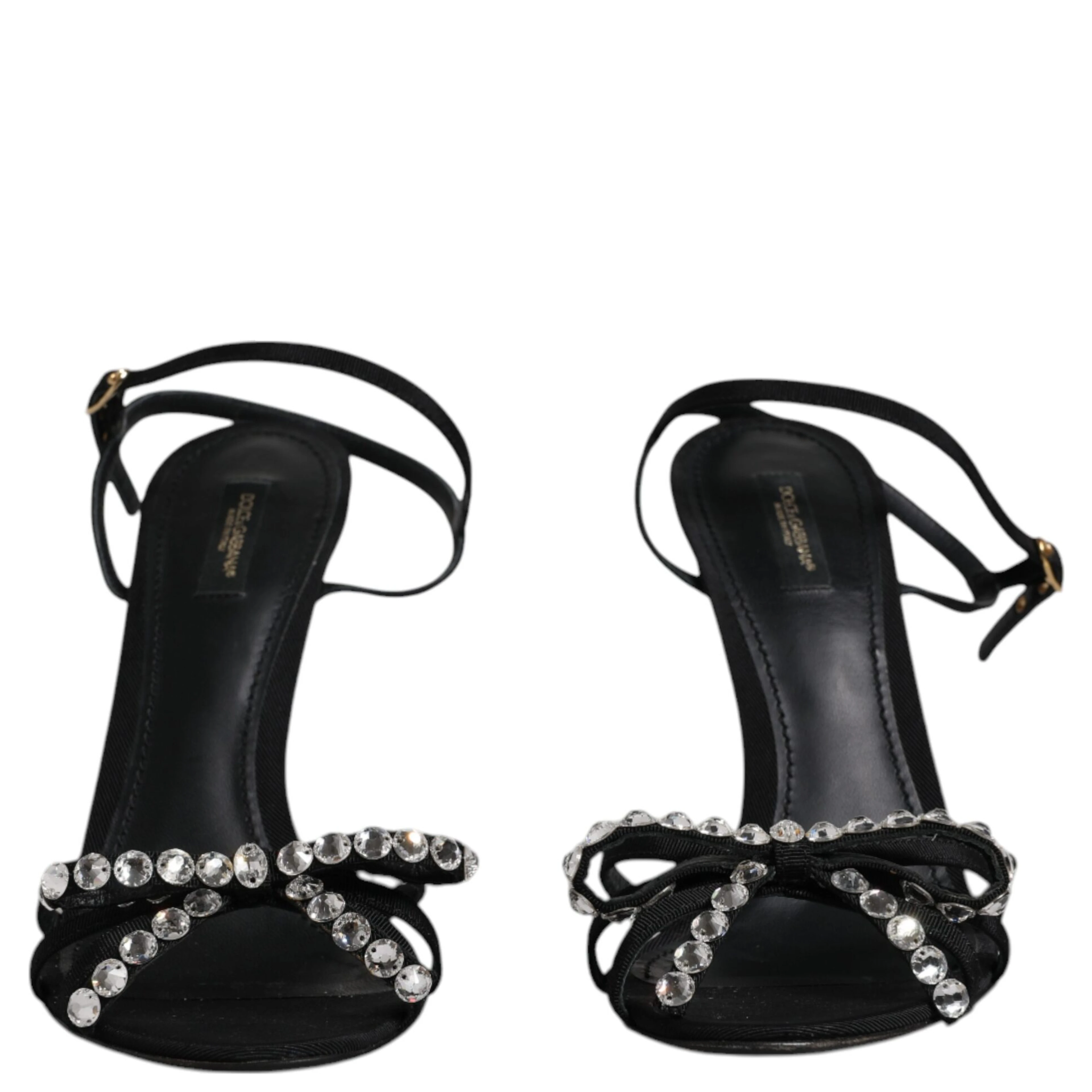 Black Leather Crystal Heels Sandals Shoes