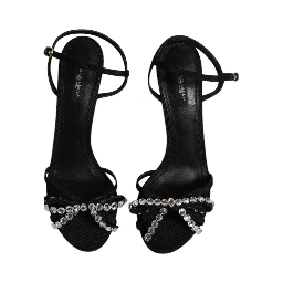 Black Leather Crystal Heels Sandals Shoes