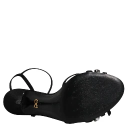 Black Leather Crystal Heels Sandals Shoes