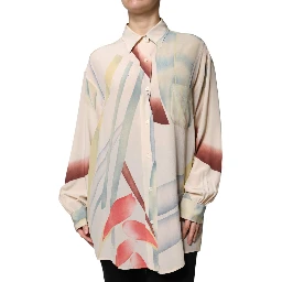 Beige Printed Collared Buttoned Long Sleeves Blouse Top
