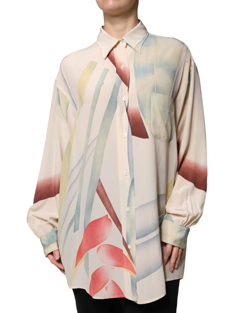 Beige Printed Collared Buttoned Long Sleeves Blouse Top