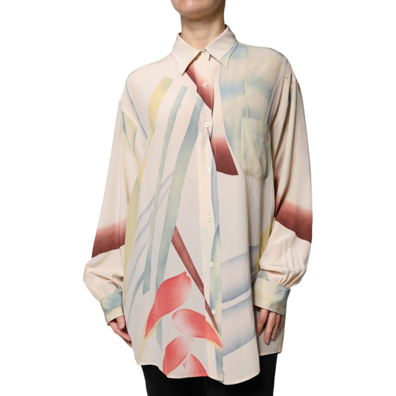 Beige Printed Collared Buttoned Long Sleeves Blouse Top