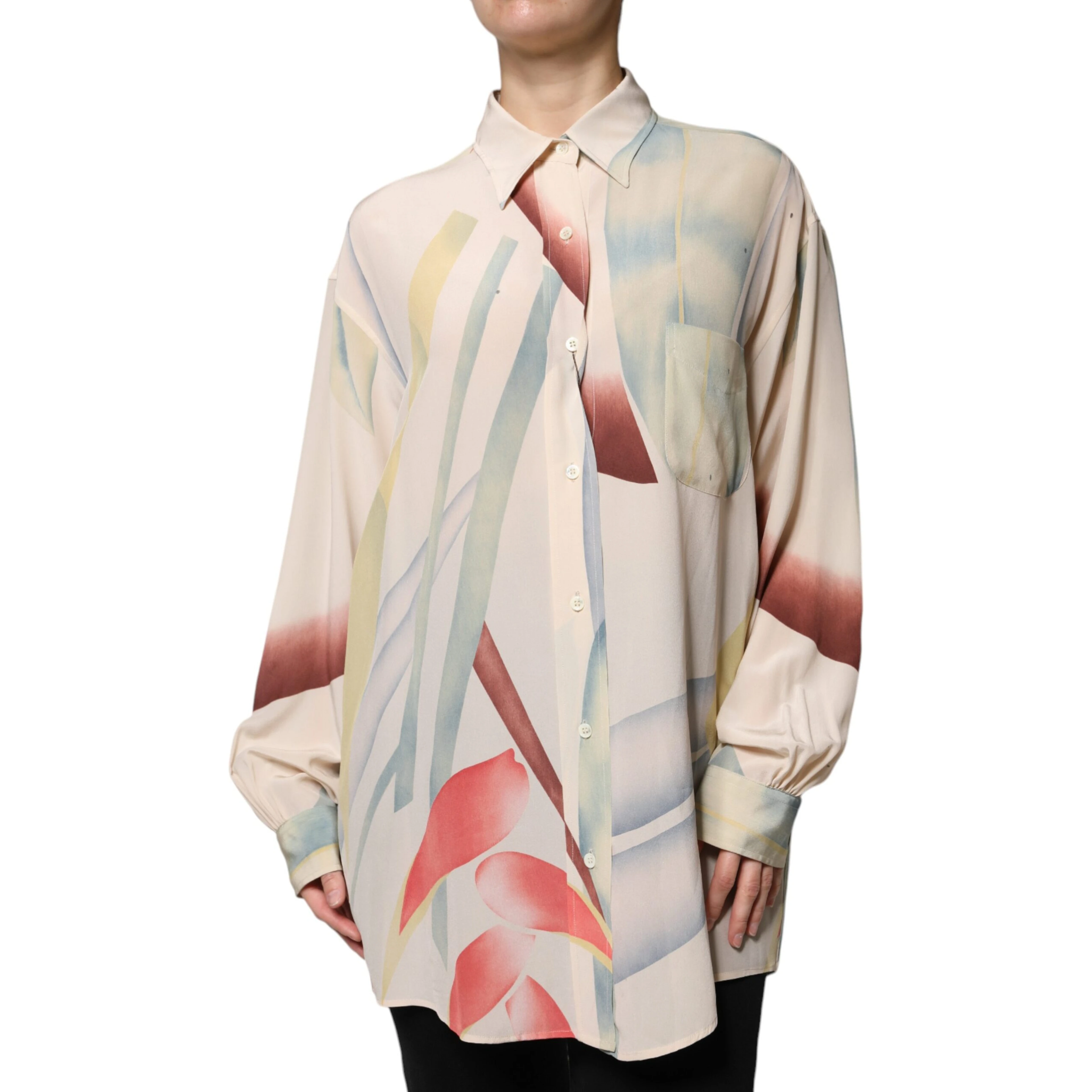 Beige Printed Collared Buttoned Long Sleeves Blouse Top