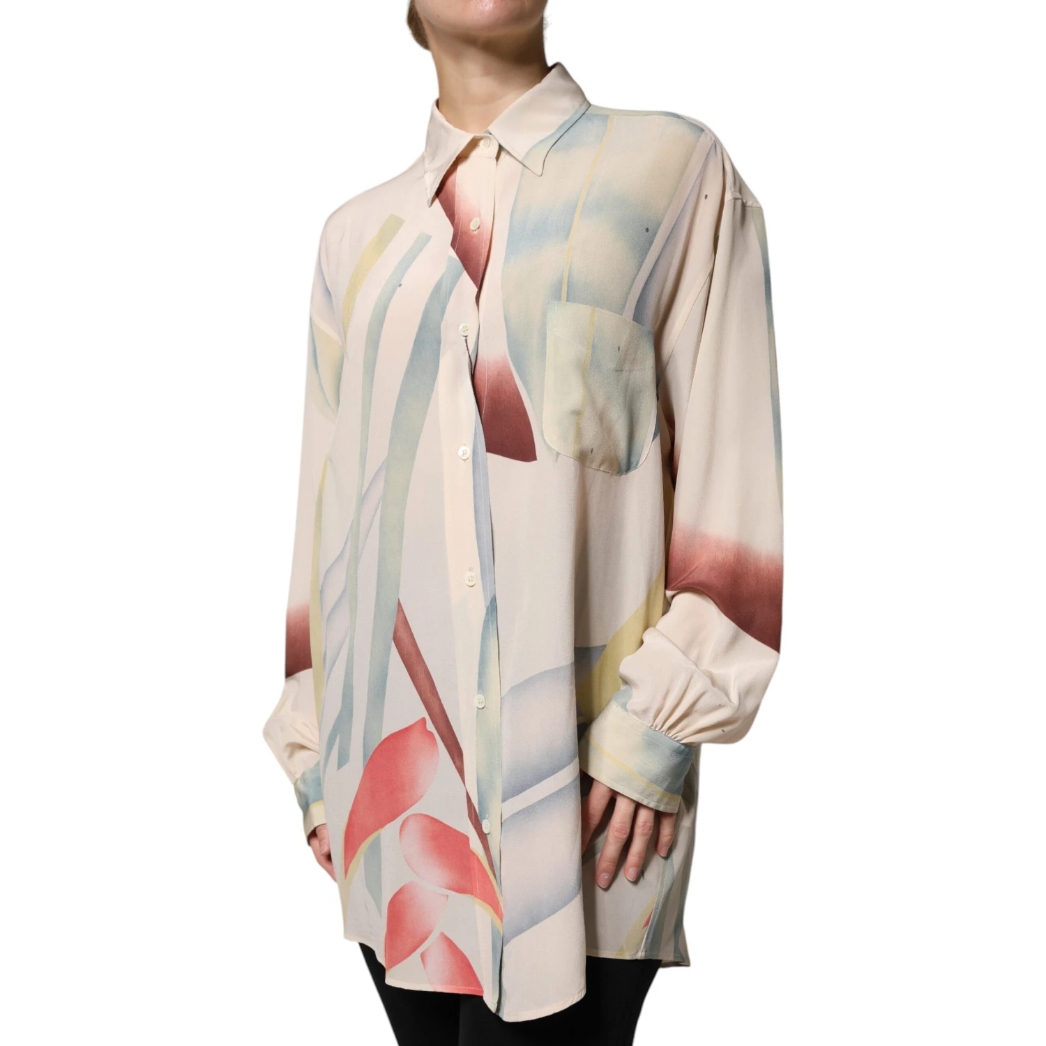 Beige Printed Collared Buttoned Long Sleeves Blouse Top