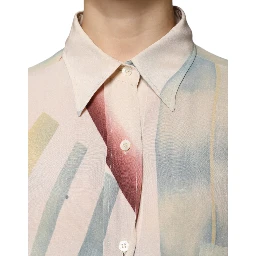 Beige Printed Collared Buttoned Long Sleeves Blouse Top