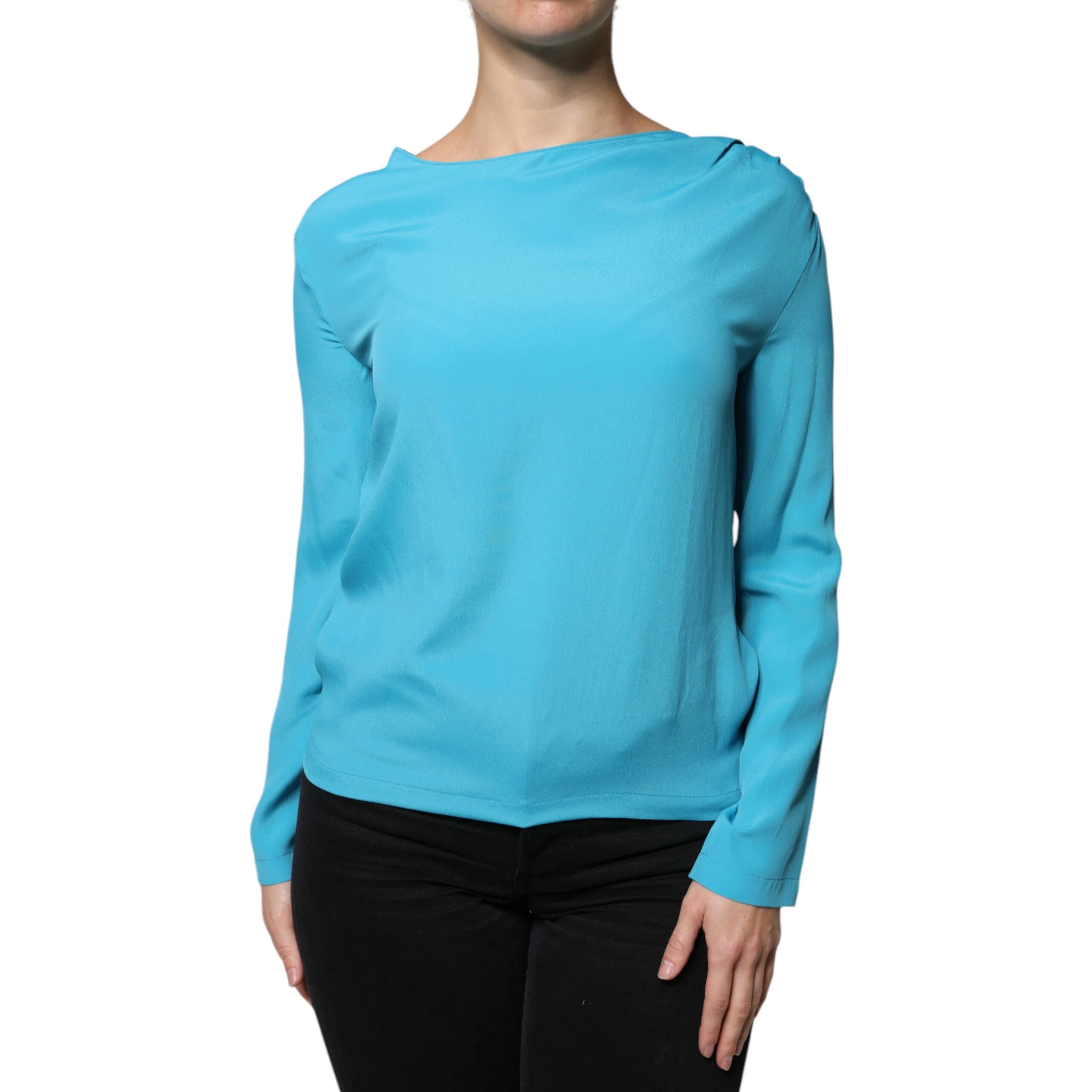 Blue Round Neckline Long Sleeves Blouse Top