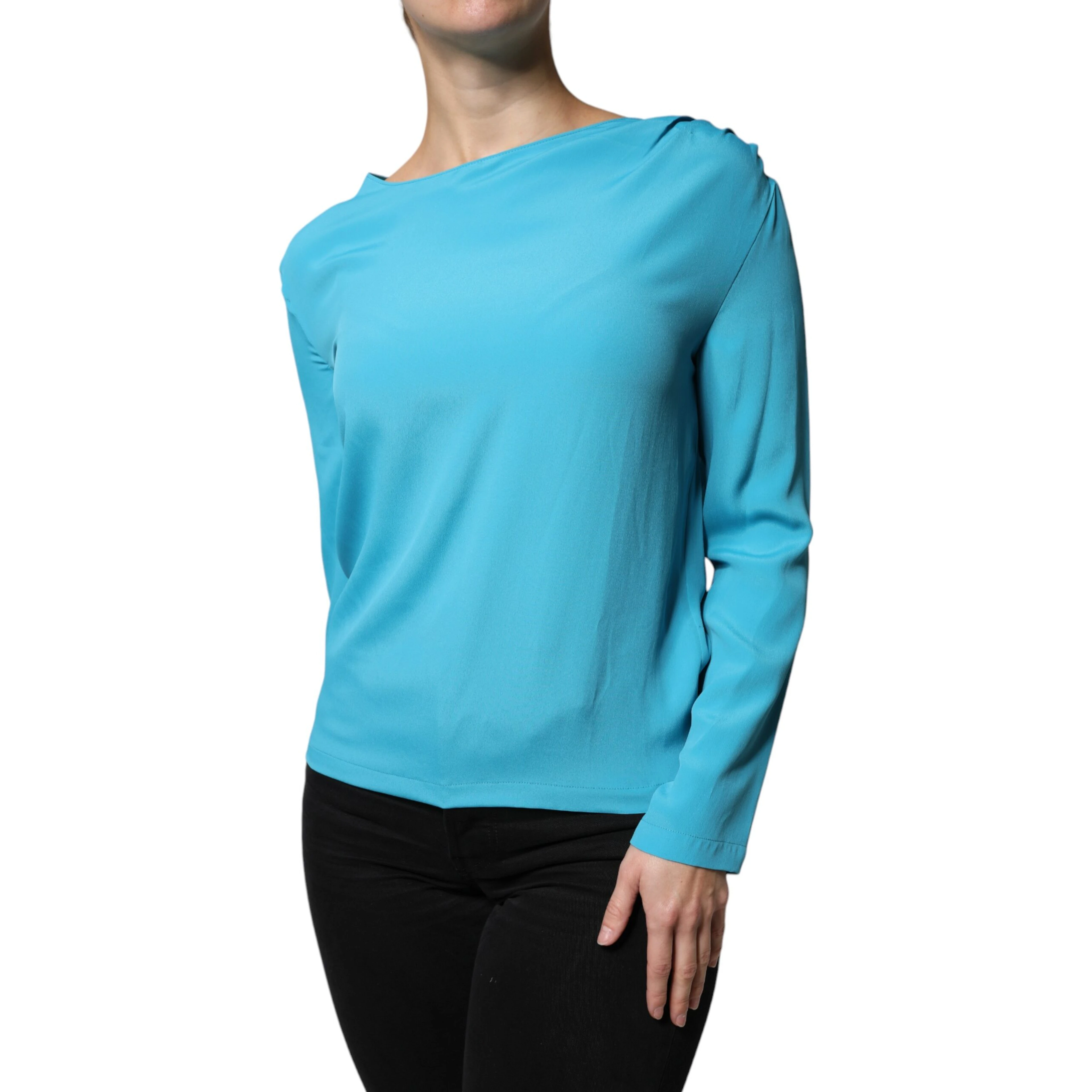 Blue Round Neckline Long Sleeves Blouse Top