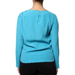 Blue Round Neckline Long Sleeves Blouse Top