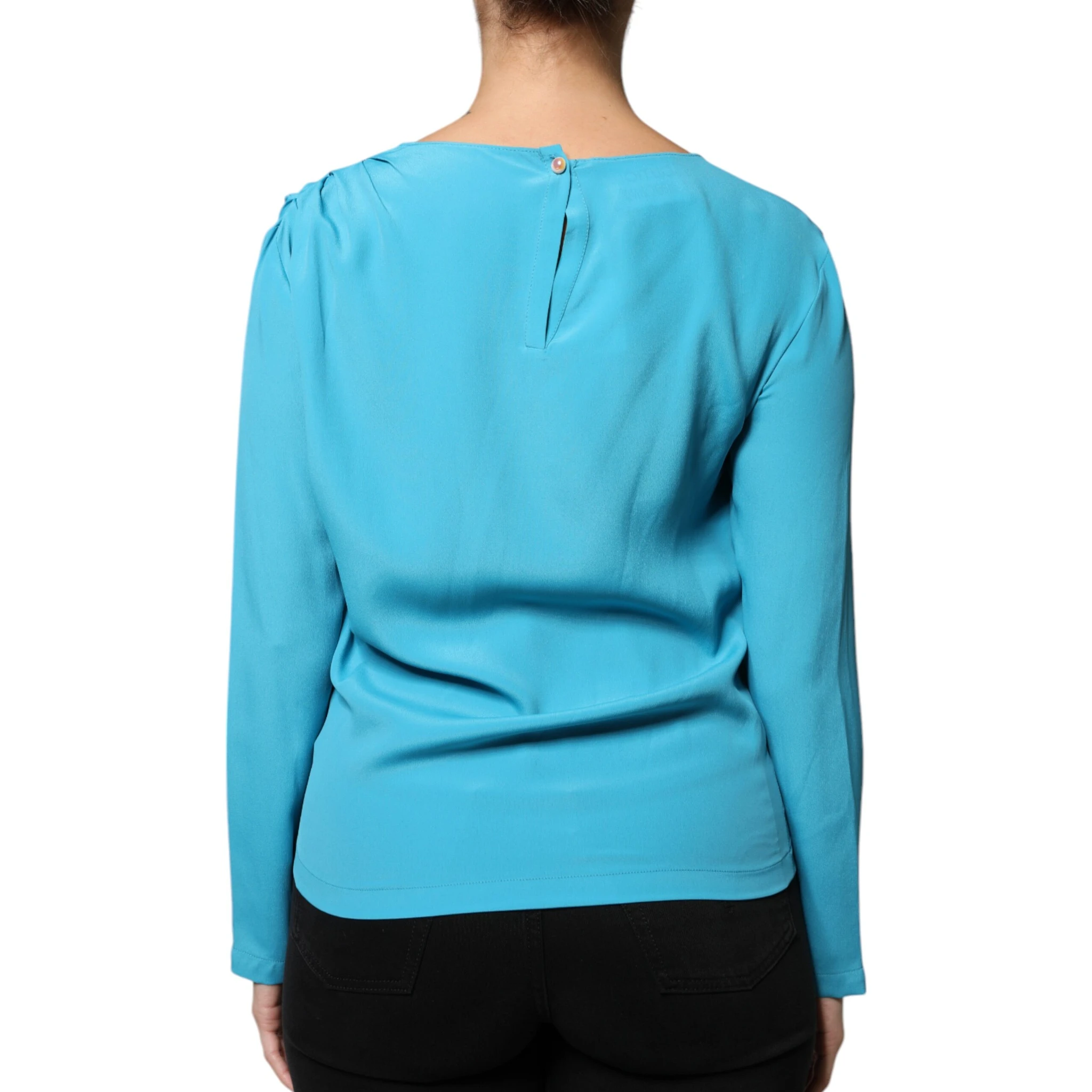 Blue Round Neckline Long Sleeves Blouse Top