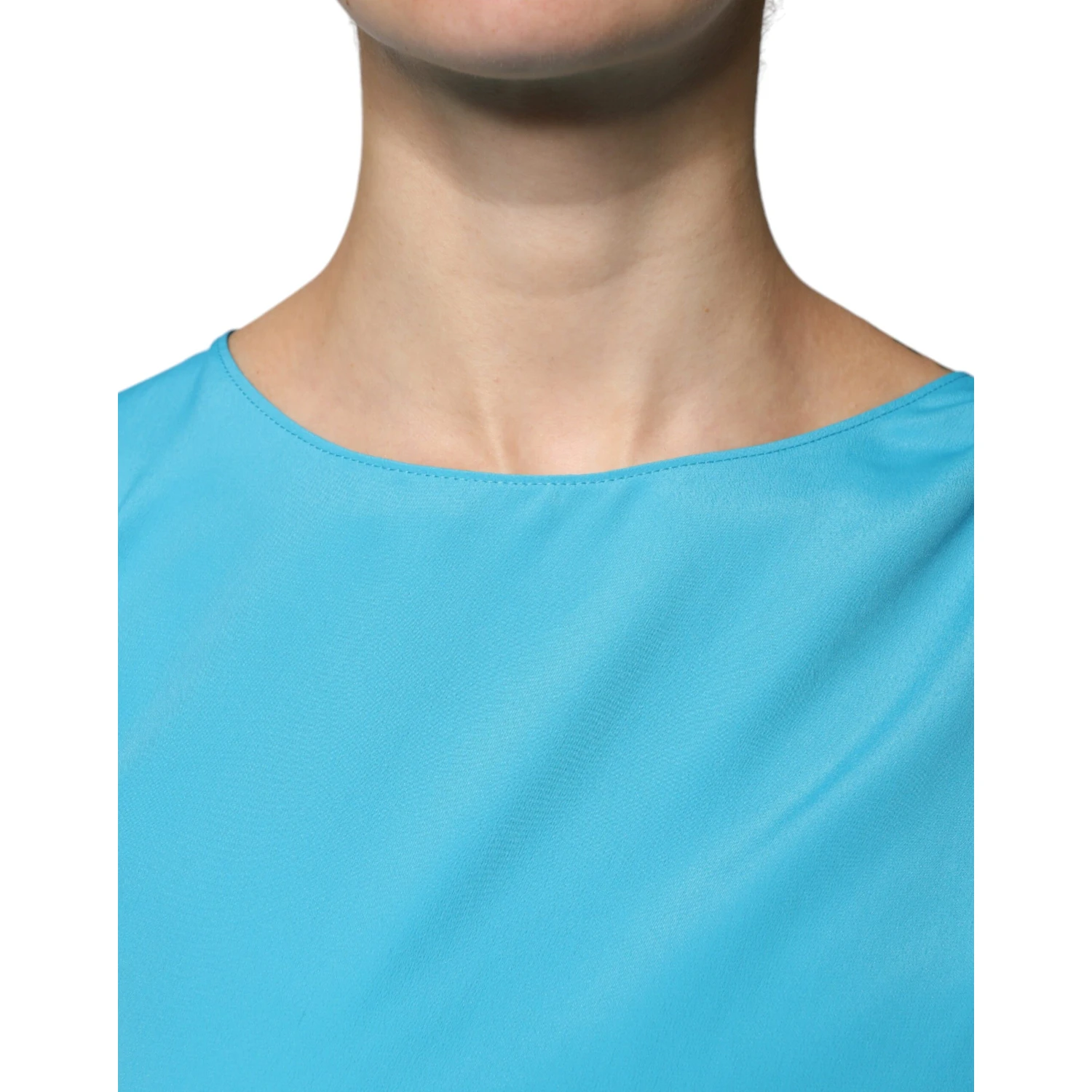 Blue Round Neckline Long Sleeves Blouse Top
