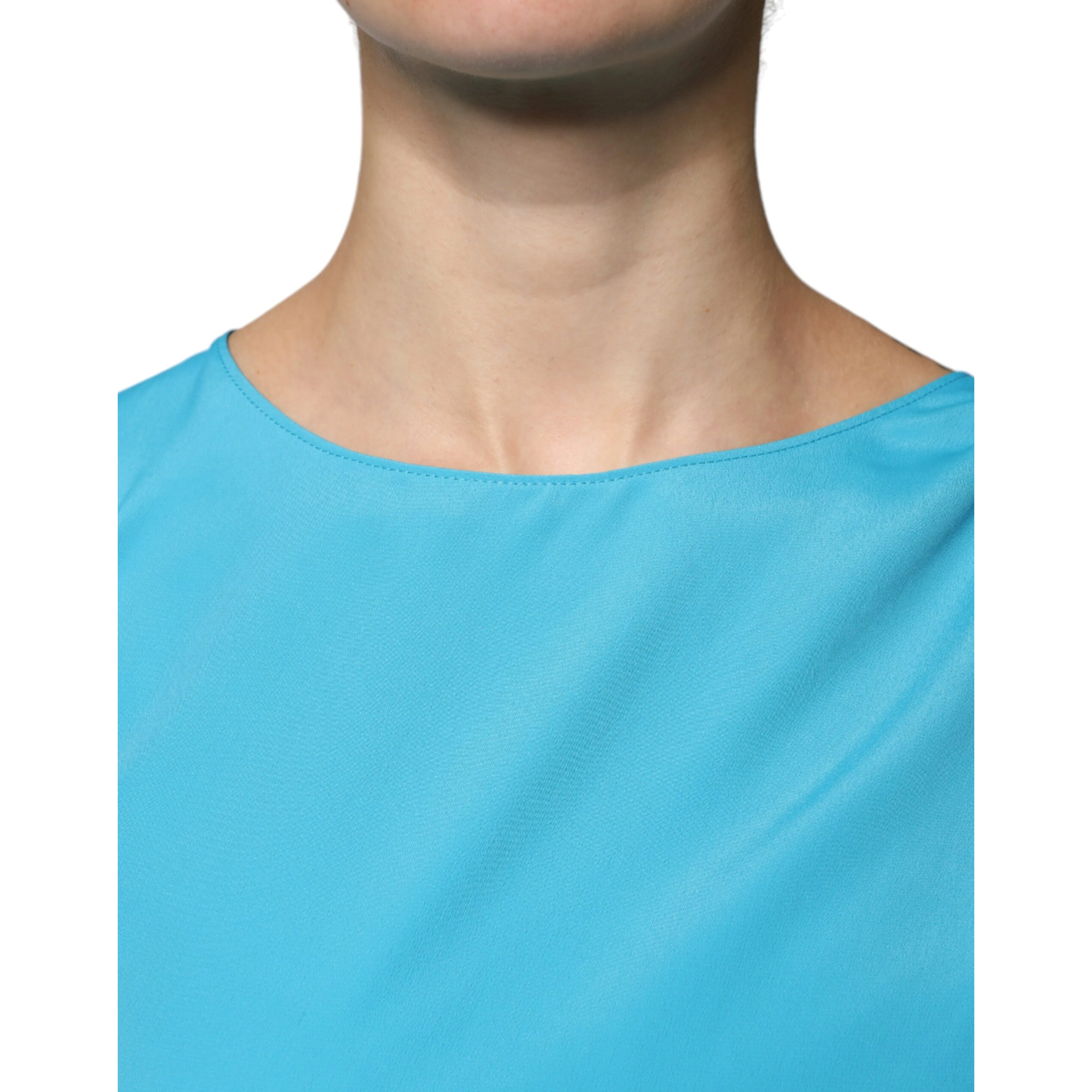 Blue Round Neckline Long Sleeves Blouse Top
