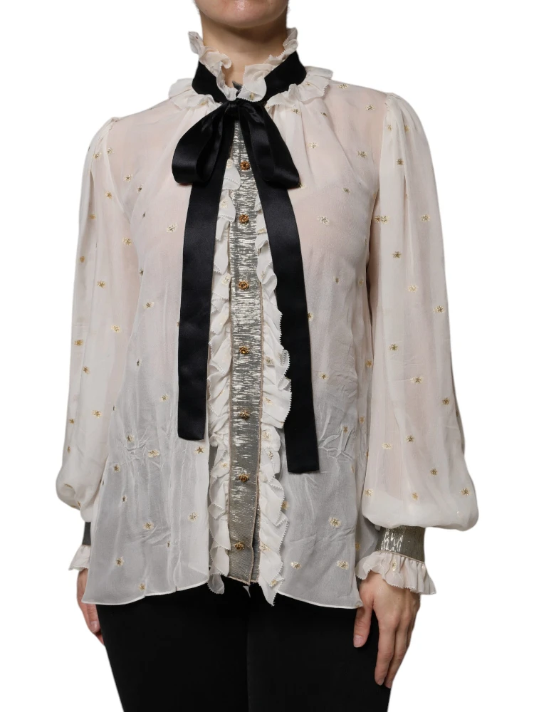 Off White Silk Blend Ascot Collar Blouse Top