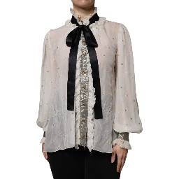 Off White Silk Blend Ascot Collar Blouse Top