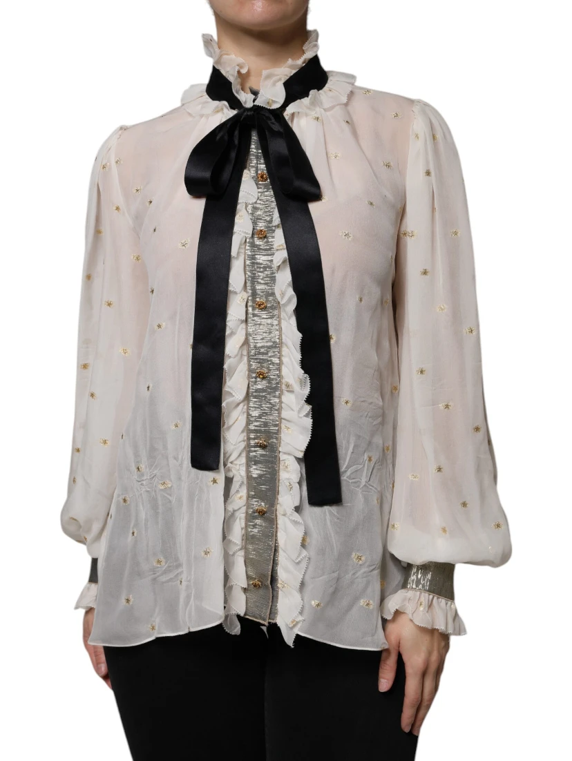 Off White Silk Blend Ascot Collar Blouse Top