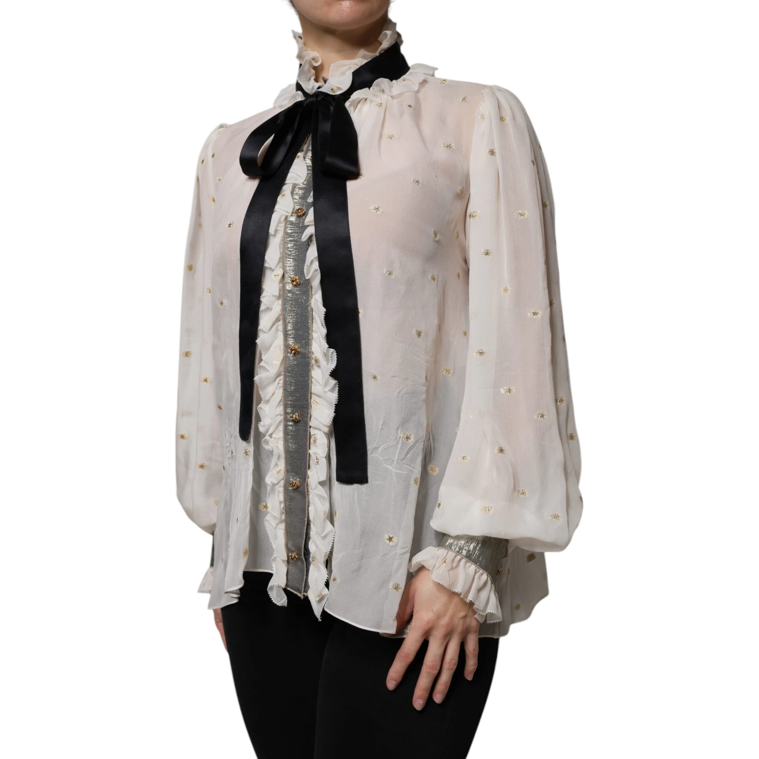Off White Silk Blend Ascot Collar Blouse Top