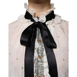Off White Silk Blend Ascot Collar Blouse Top