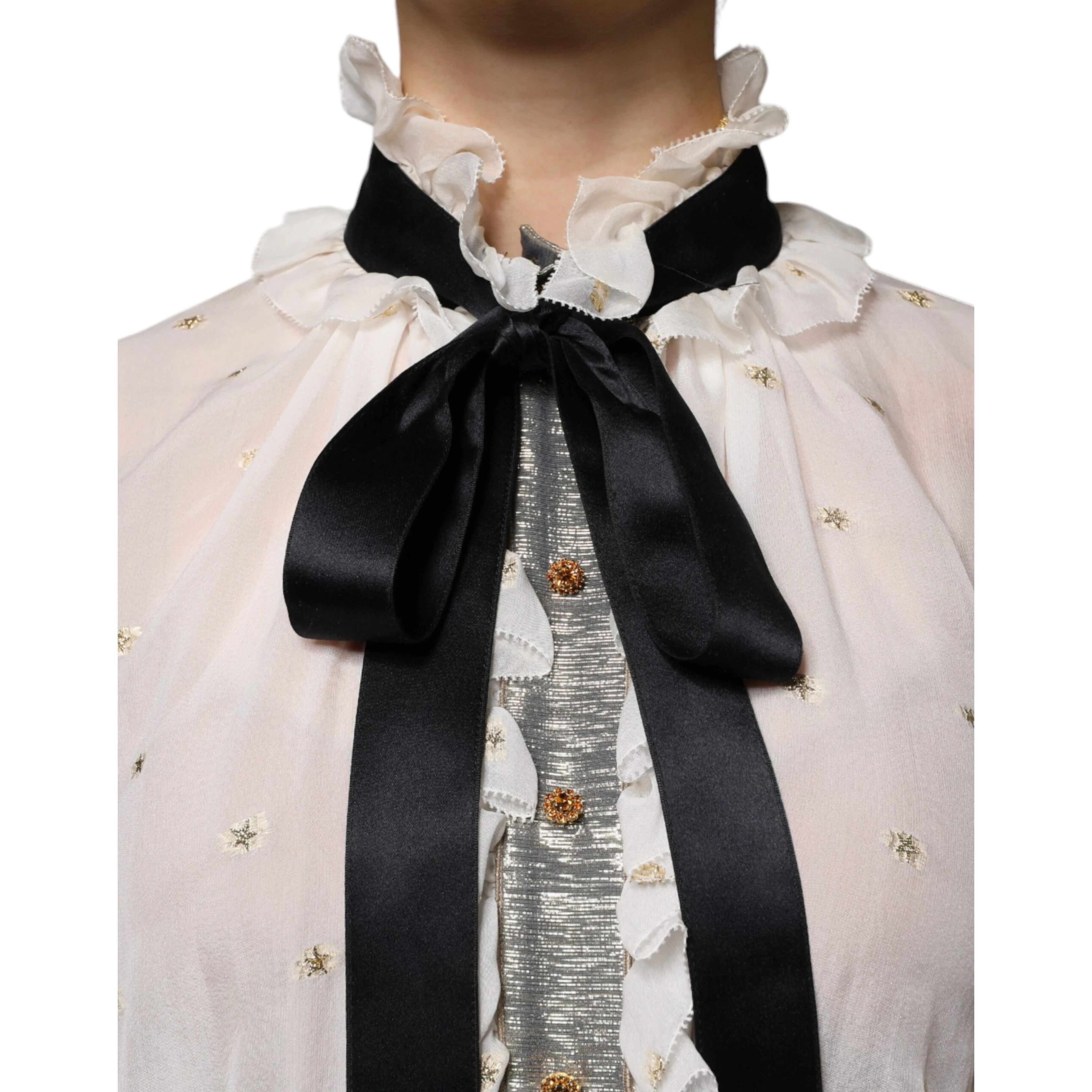 Off White Silk Blend Ascot Collar Blouse Top