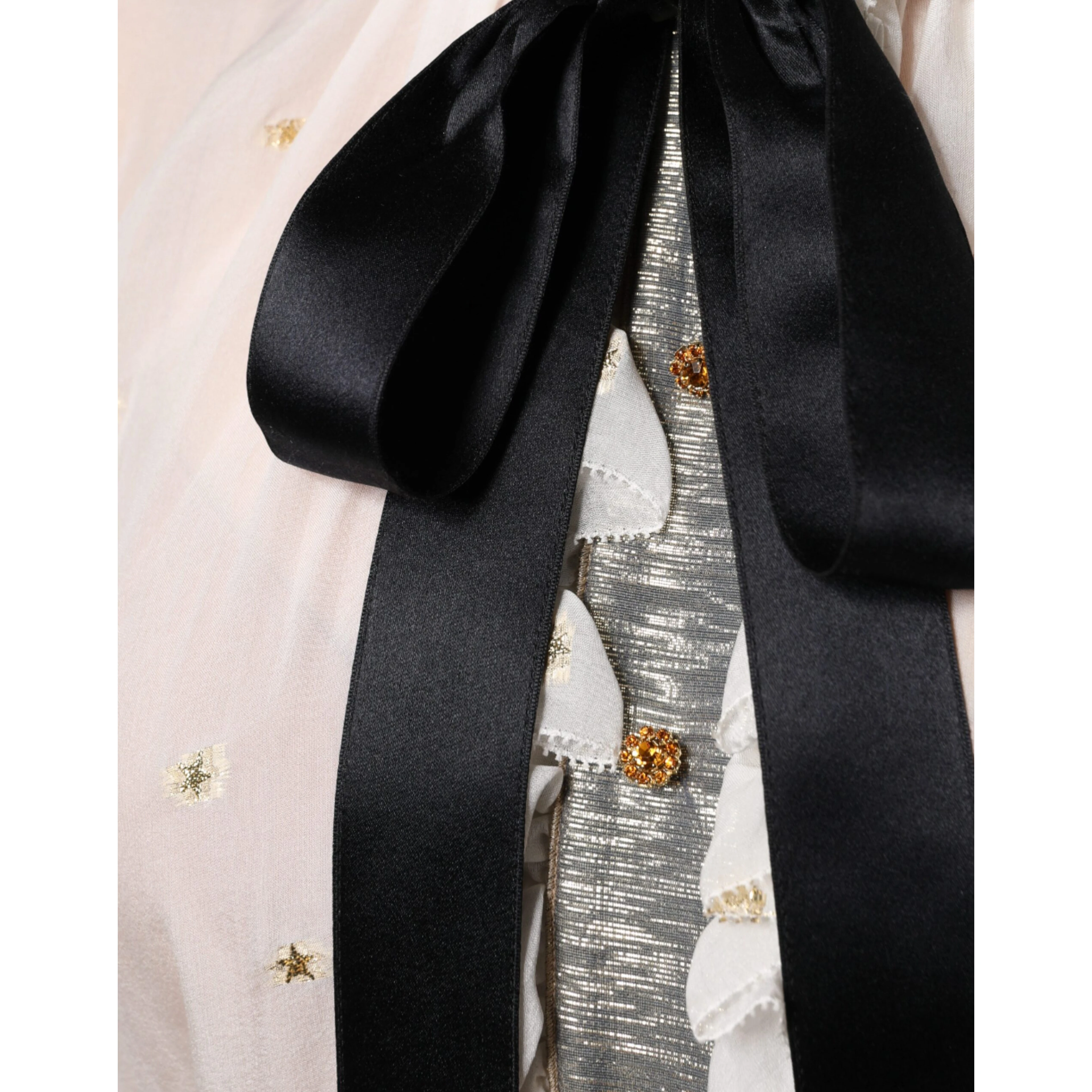 Off White Silk Blend Ascot Collar Blouse Top