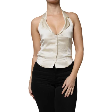 Off White Silk Sleeveless Buttoned Halter Top