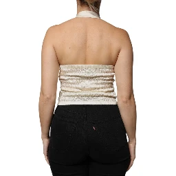Off White Silk Sleeveless Buttoned Halter Top
