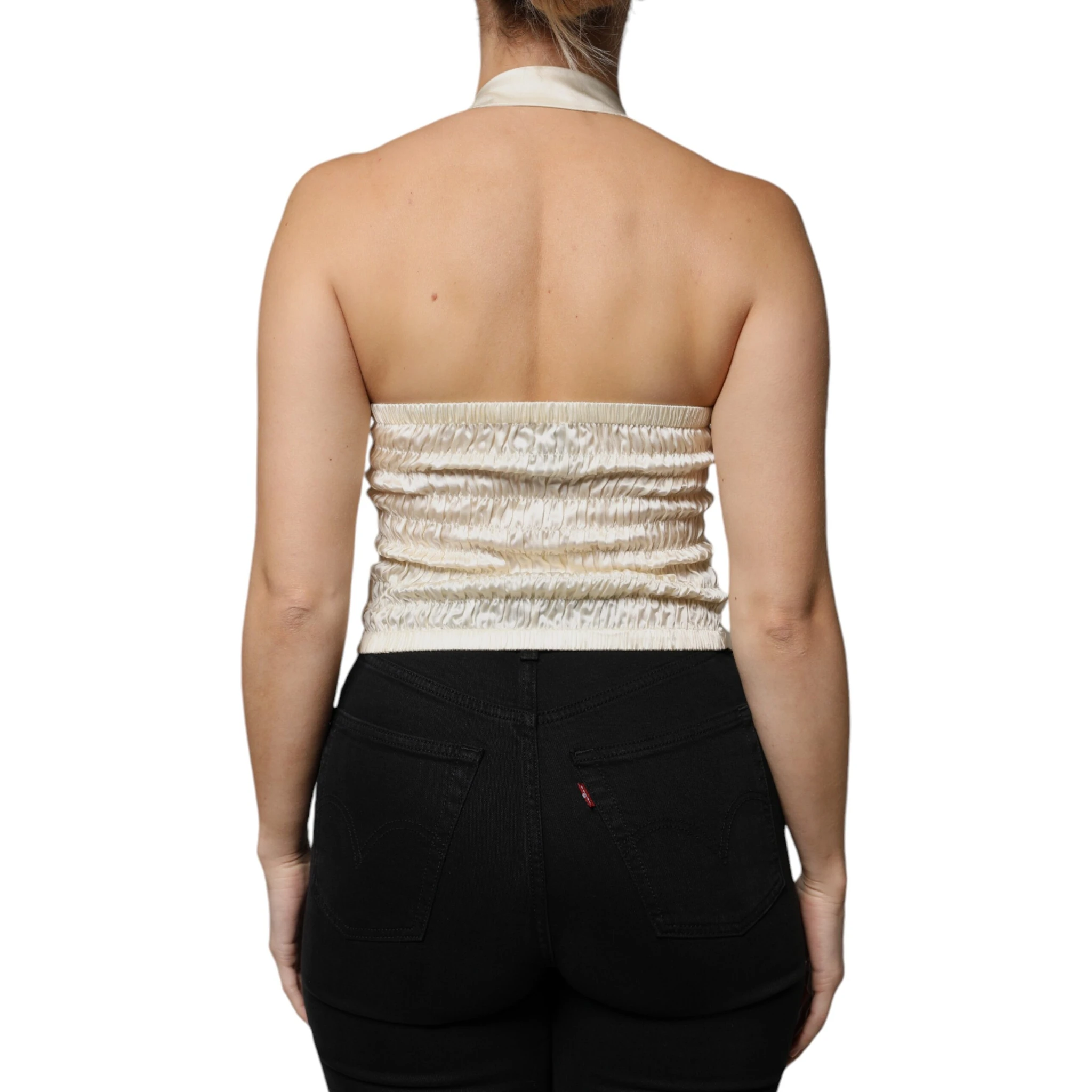 Off White Silk Sleeveless Buttoned Halter Top