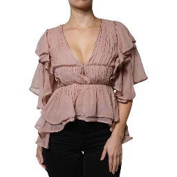 Brown Silk Short Sleeves V-neck Pleated Top