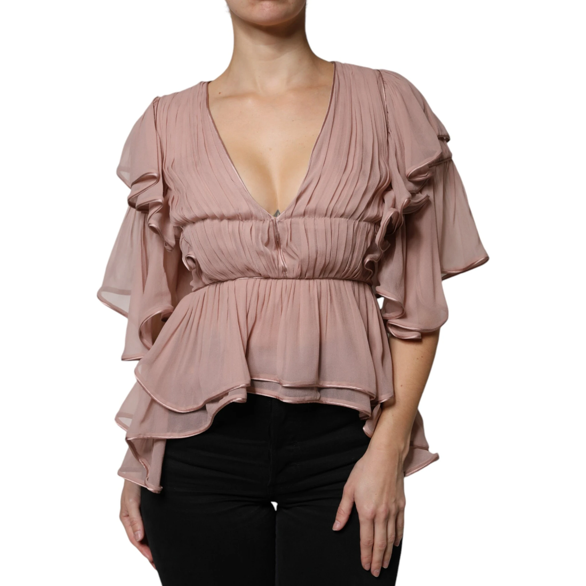 Brown Silk Short Sleeves V-neck Pleated Top