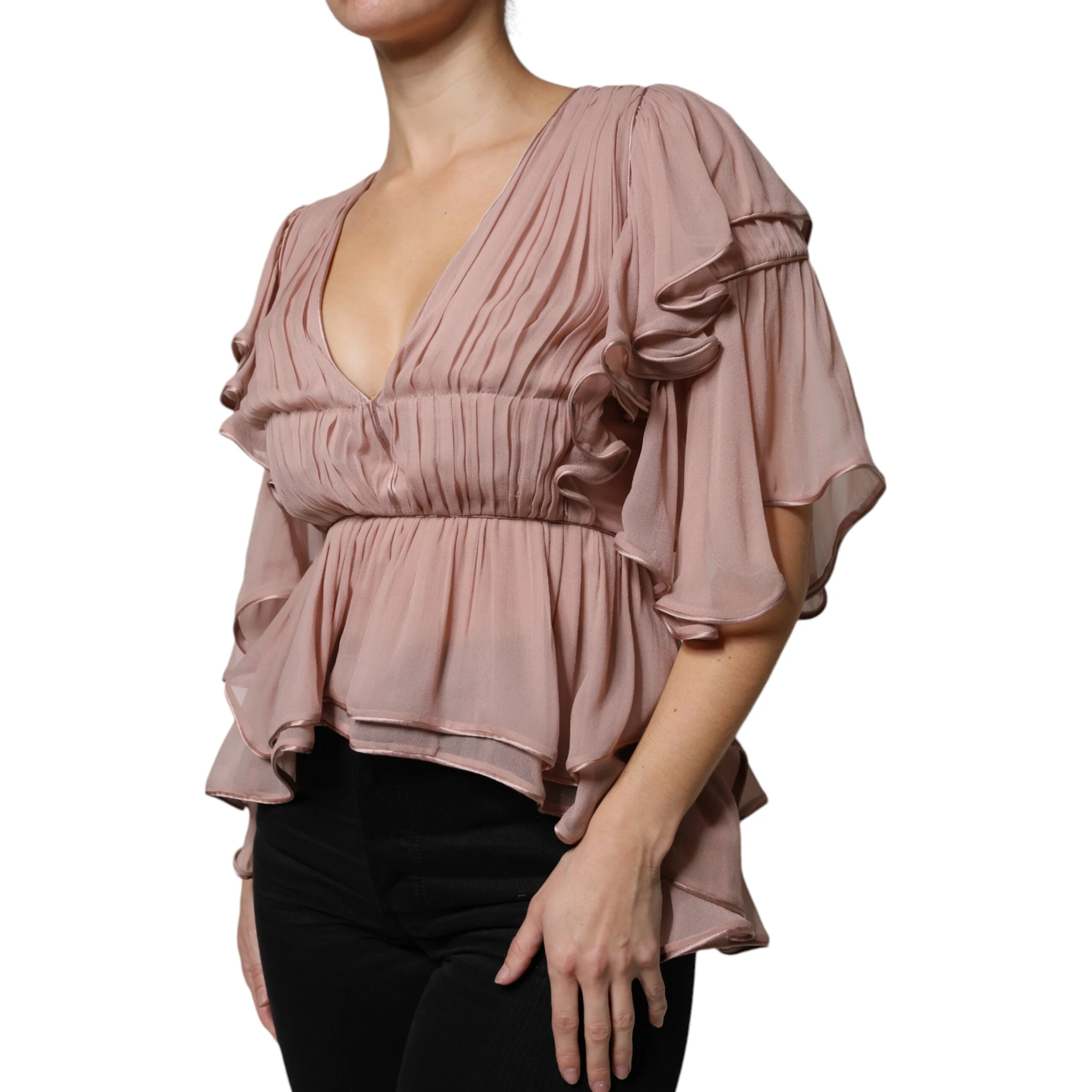 Brown Silk Short Sleeves V-neck Pleated Top