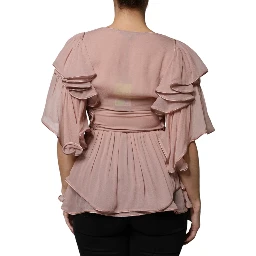 Brown Silk Short Sleeves V-neck Pleated Top