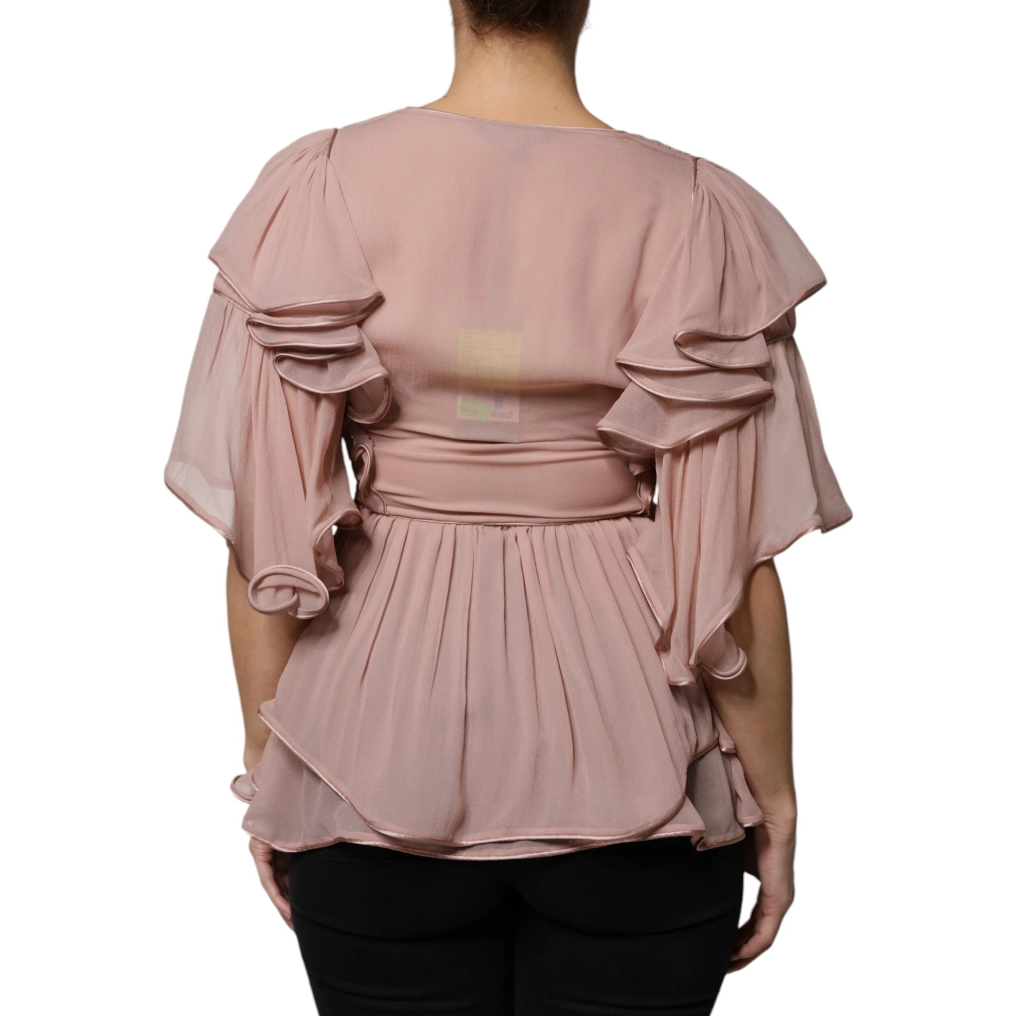 Brown Silk Short Sleeves V-neck Pleated Top