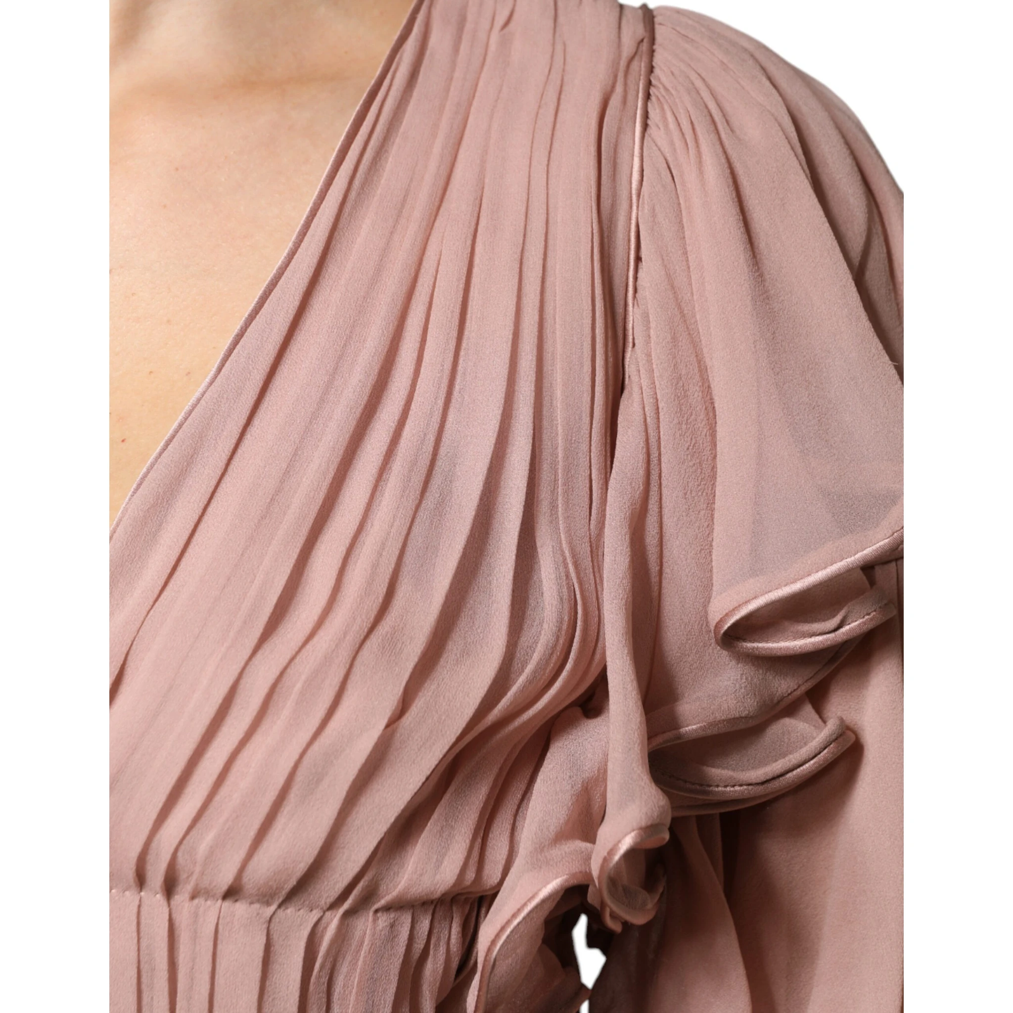 Brown Silk Short Sleeves V-neck Pleated Top