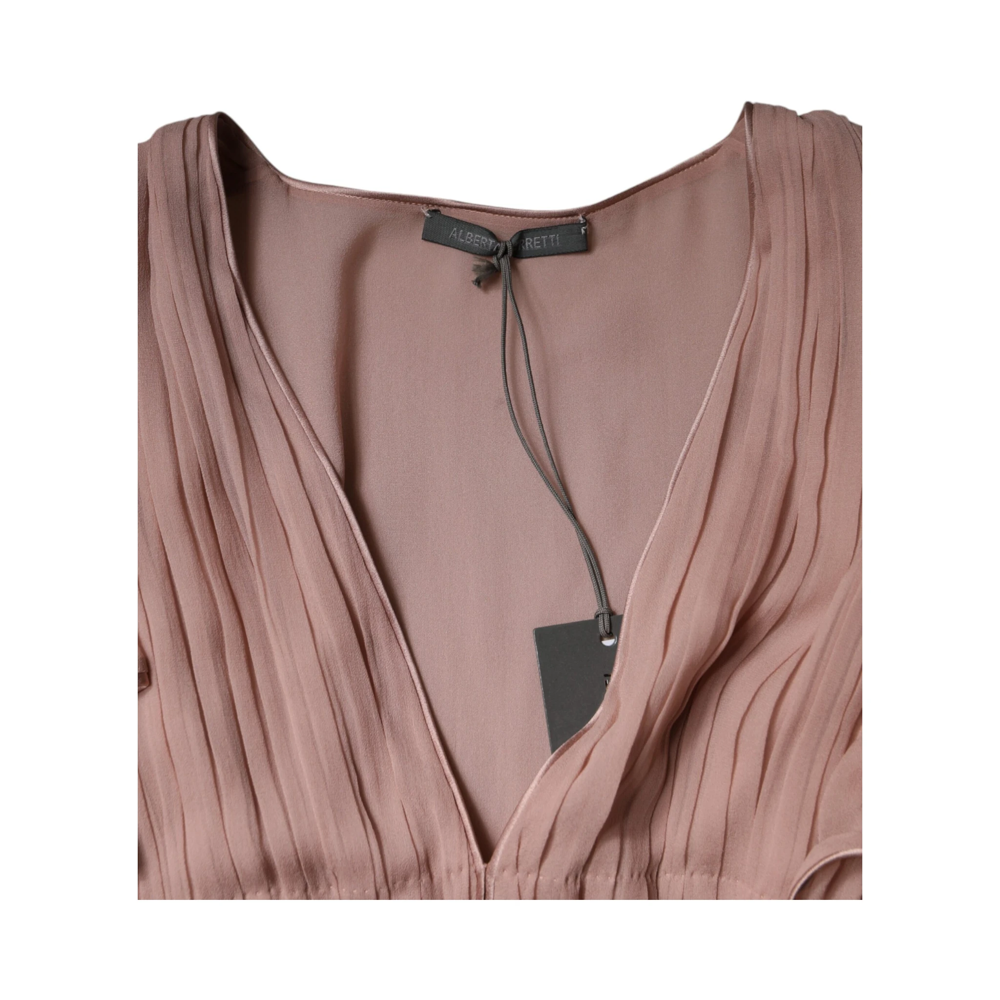 Brown Silk Short Sleeves V-neck Pleated Top