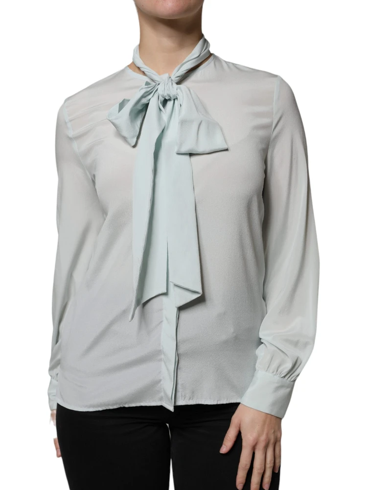 Light Blue Silk Ascot Collared Long Sleeves Top