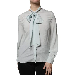 Light Blue Silk Ascot Collared Long Sleeves Top