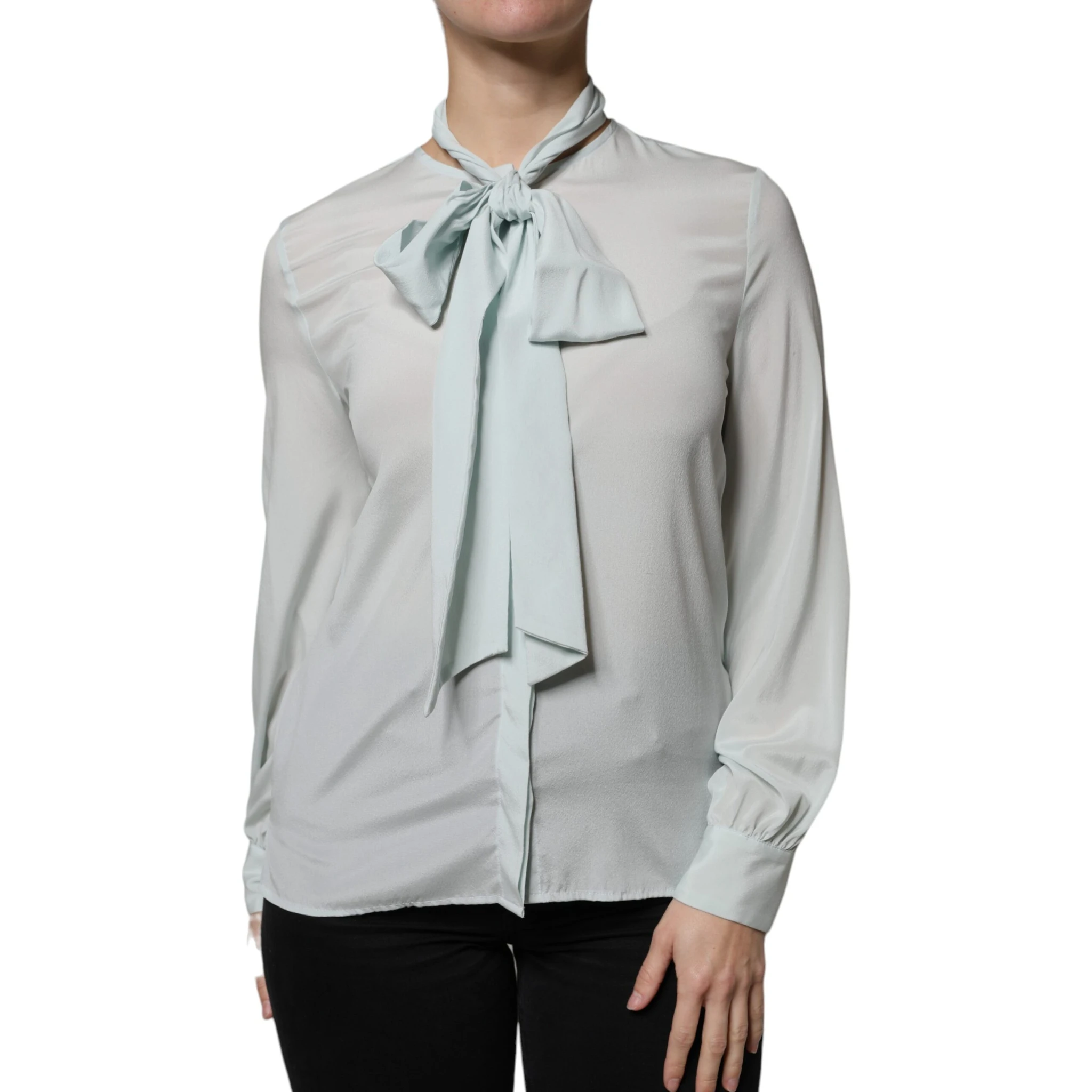 Light Blue Silk Ascot Collared Long Sleeves Top