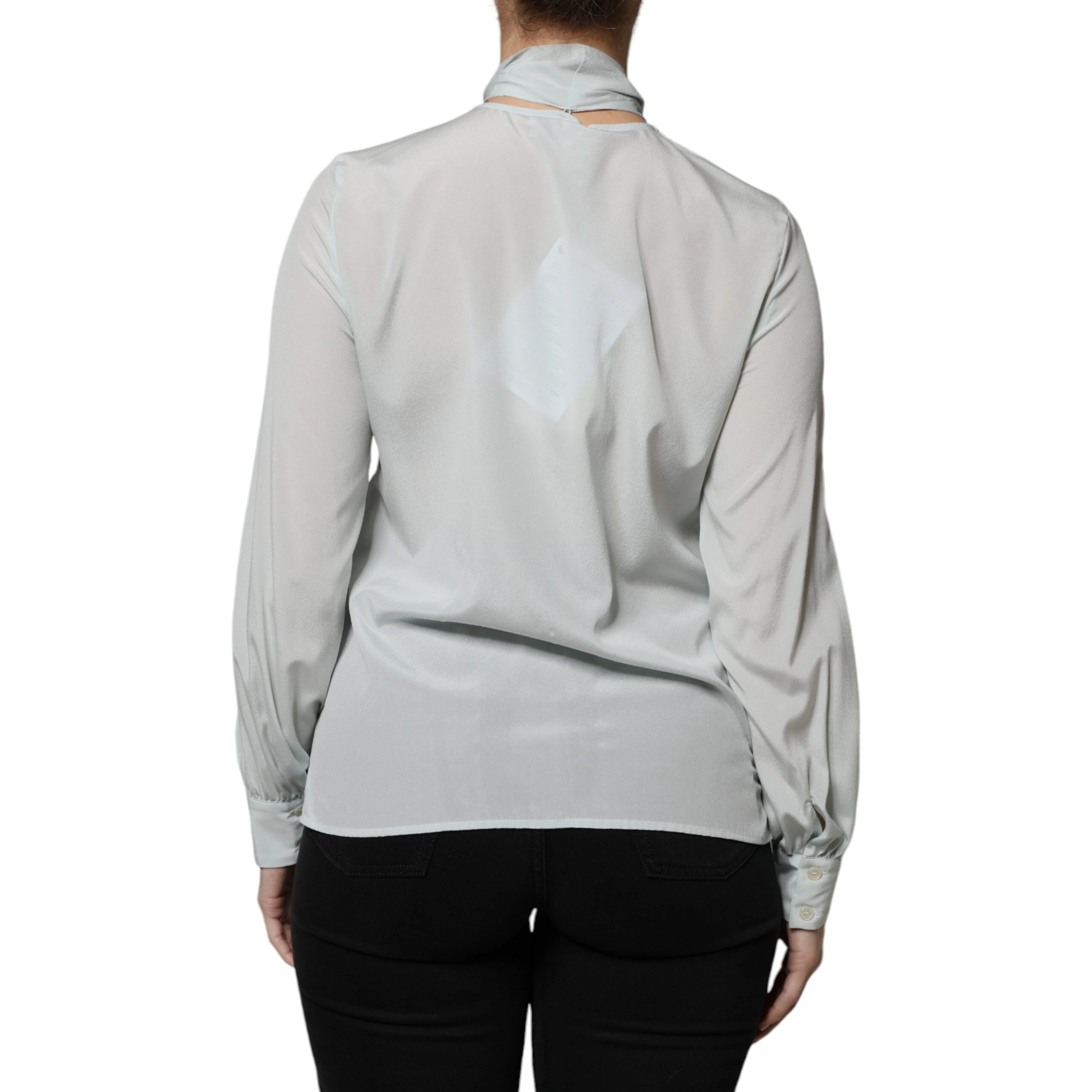Light Blue Silk Ascot Collared Long Sleeves Top