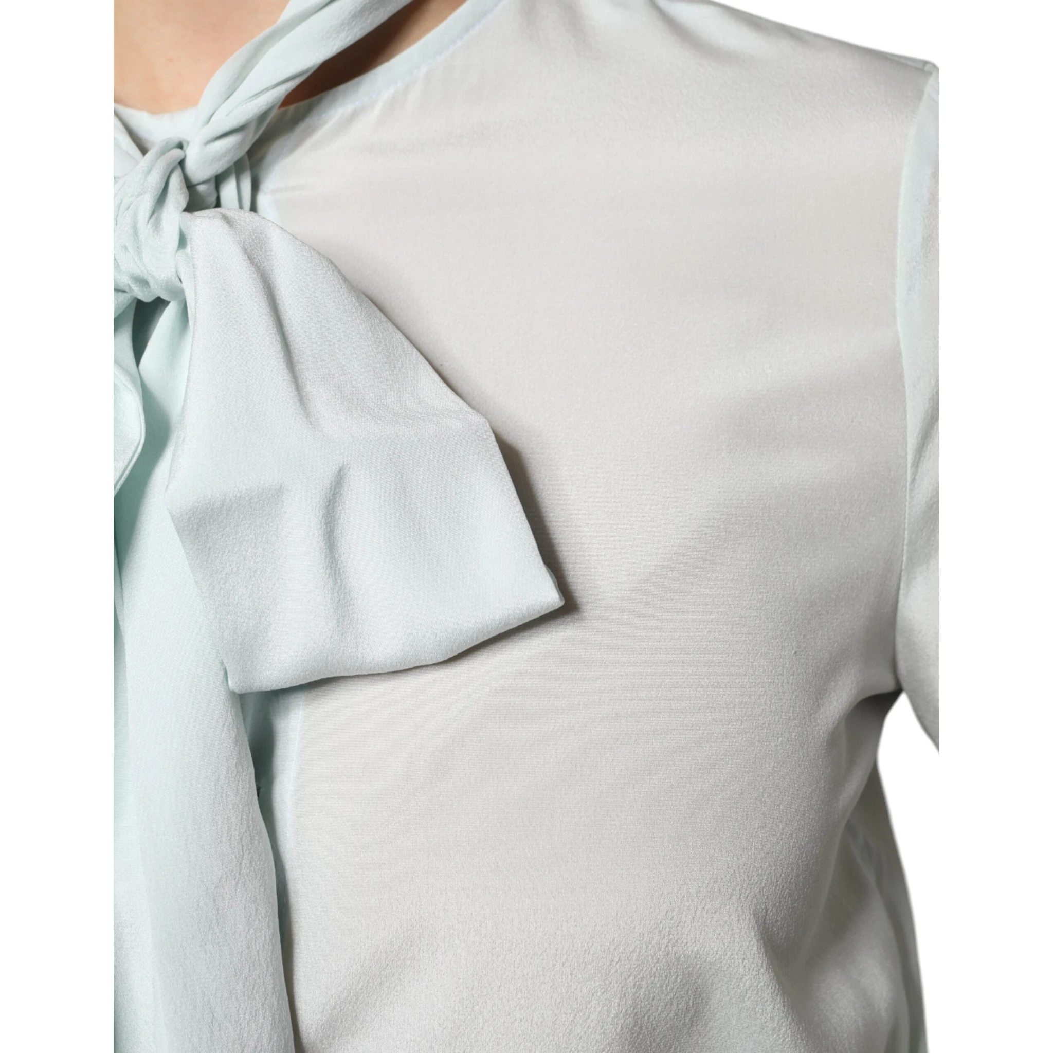 Light Blue Silk Ascot Collared Long Sleeves Top