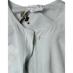 Light Blue Silk Ascot Collared Long Sleeves Top
