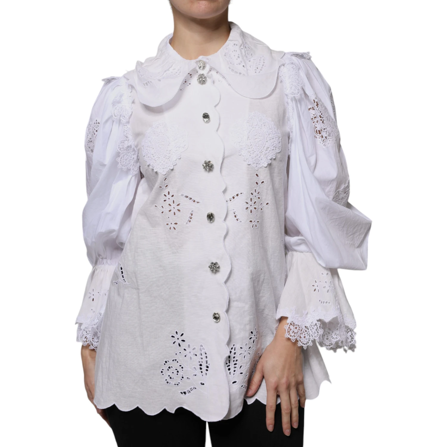 White Cotton Lace Trim Collared Blouse Top