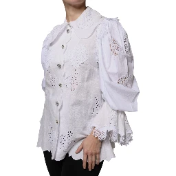 White Cotton Lace Trim Collared Blouse Top