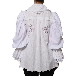 White Cotton Lace Trim Collared Blouse Top