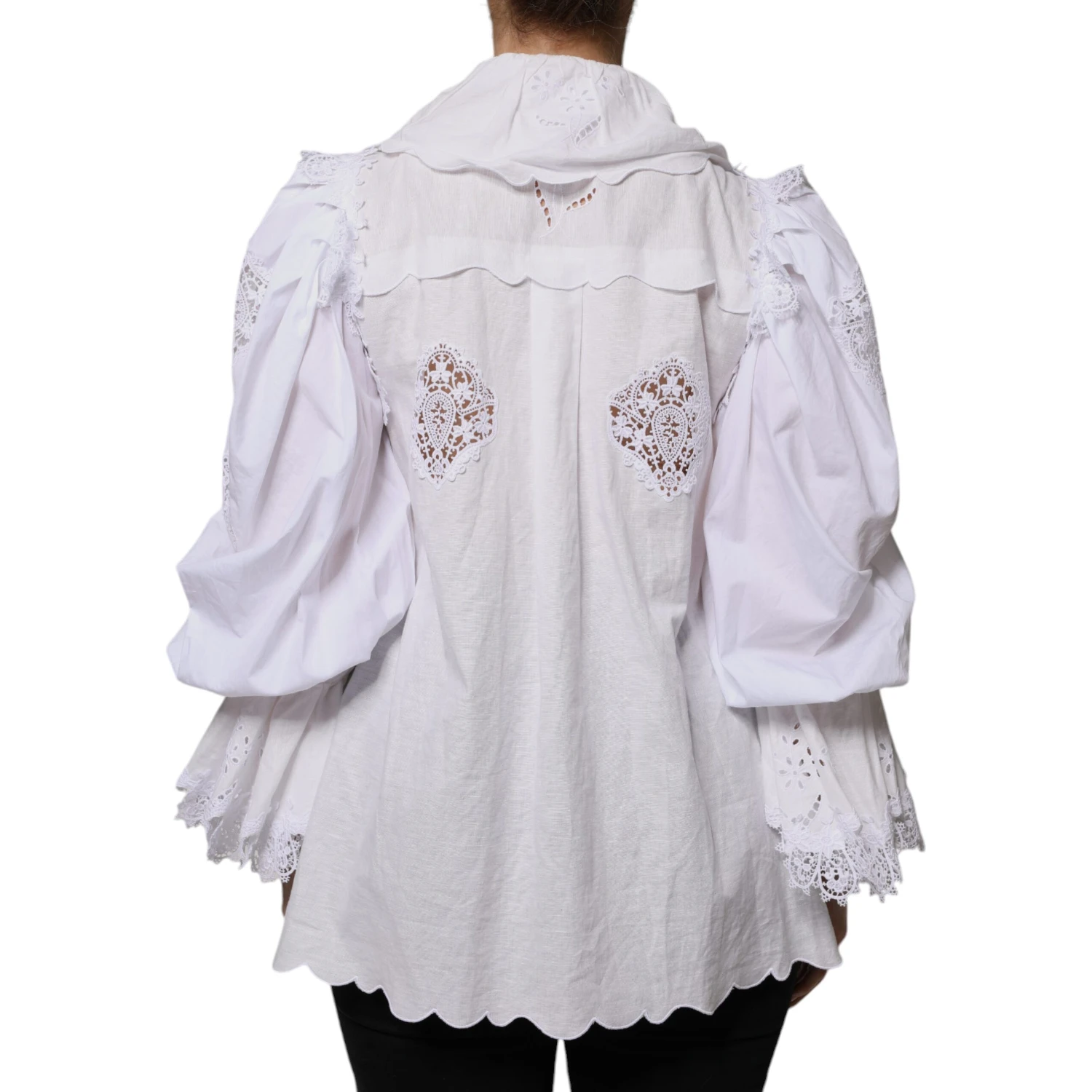 White Cotton Lace Trim Collared Blouse Top