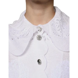 White Cotton Lace Trim Collared Blouse Top