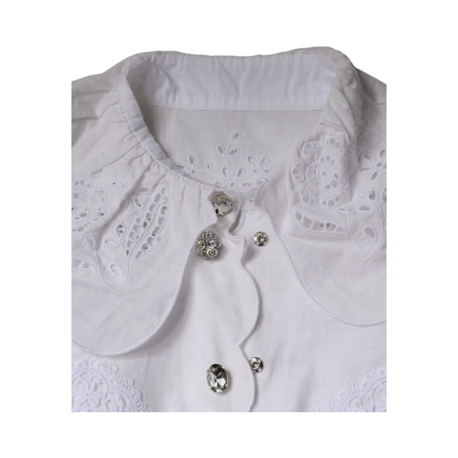 White Cotton Lace Trim Collared Blouse Top