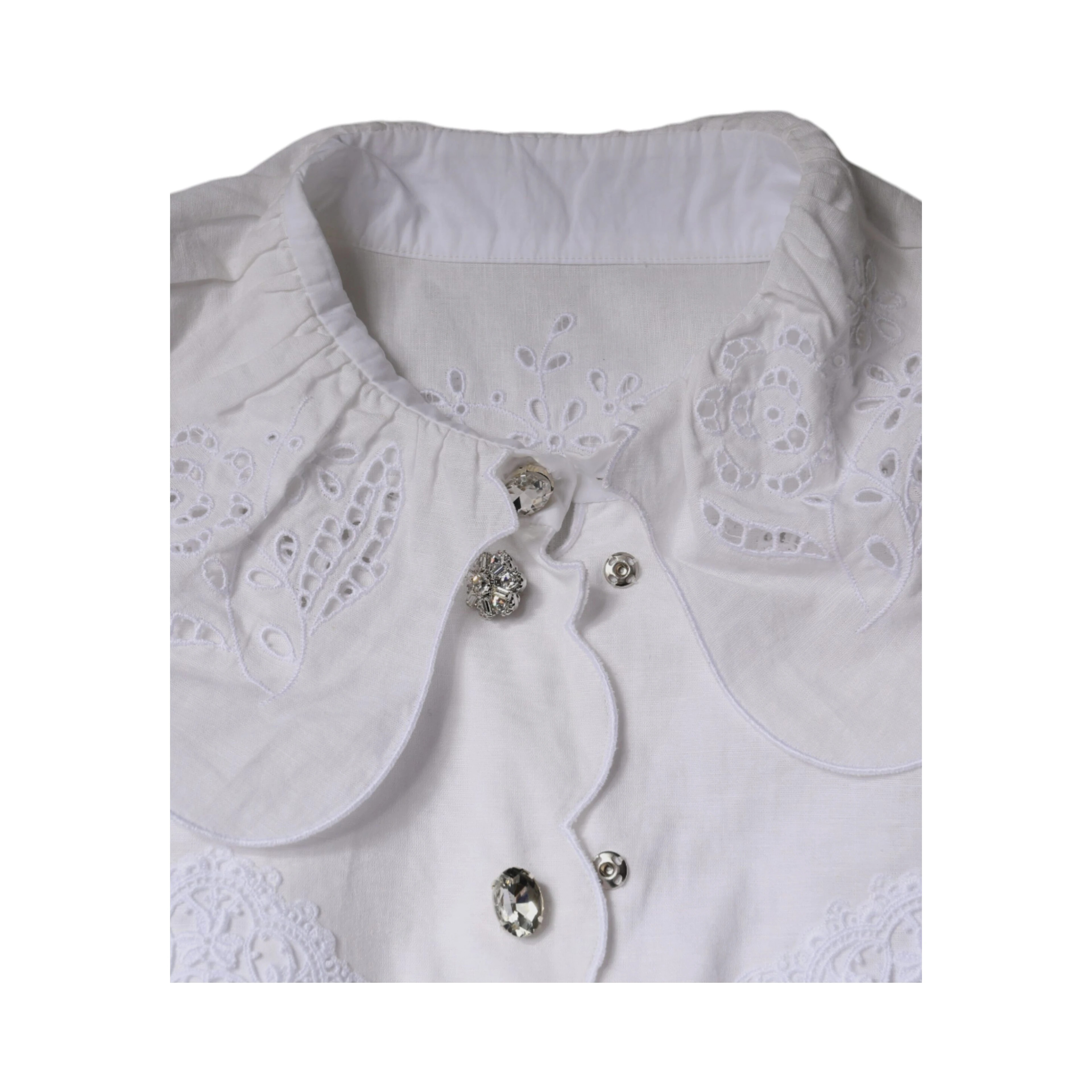 White Cotton Lace Trim Collared Blouse Top