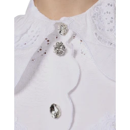 White Cotton Lace Trim Collared Blouse Top