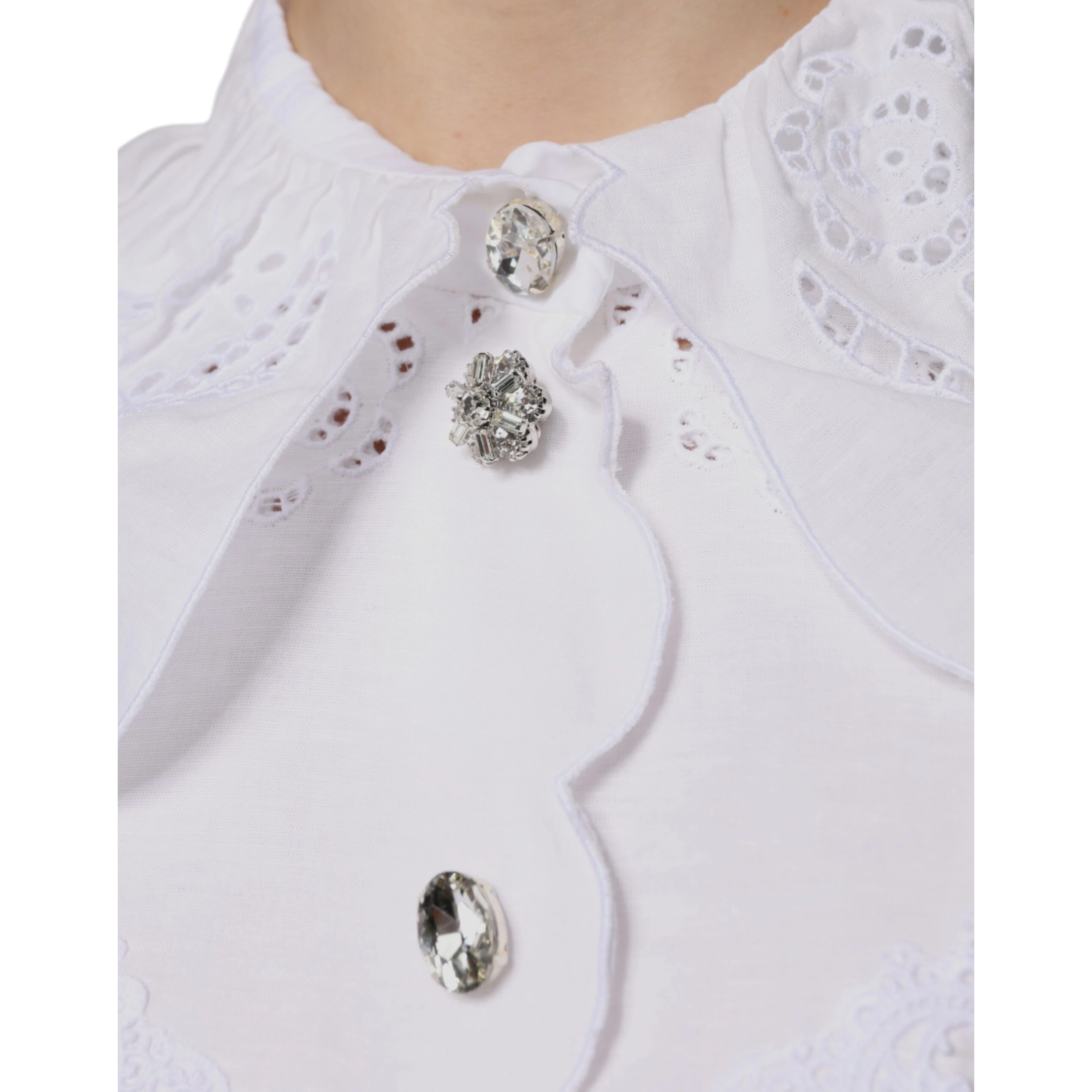 White Cotton Lace Trim Collared Blouse Top