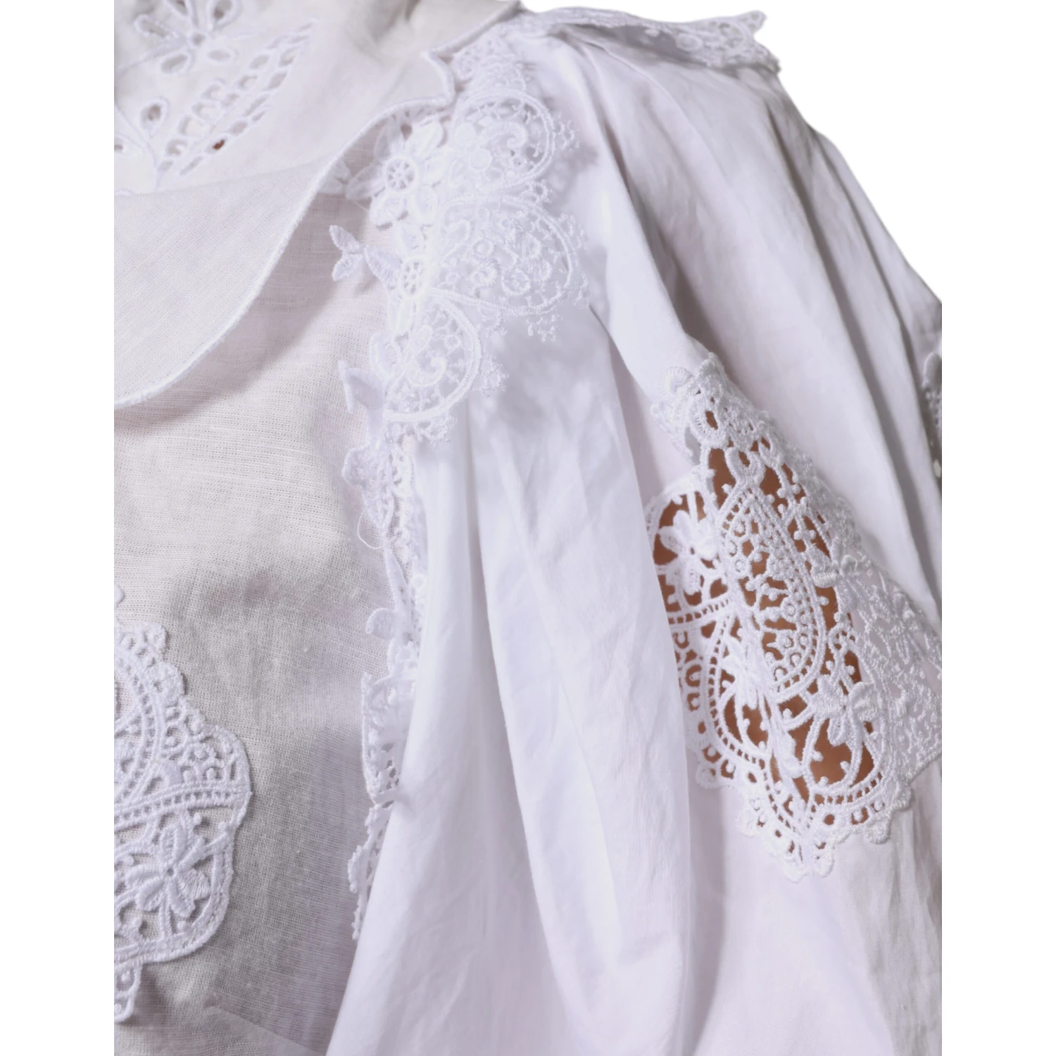 White Cotton Lace Trim Collared Blouse Top