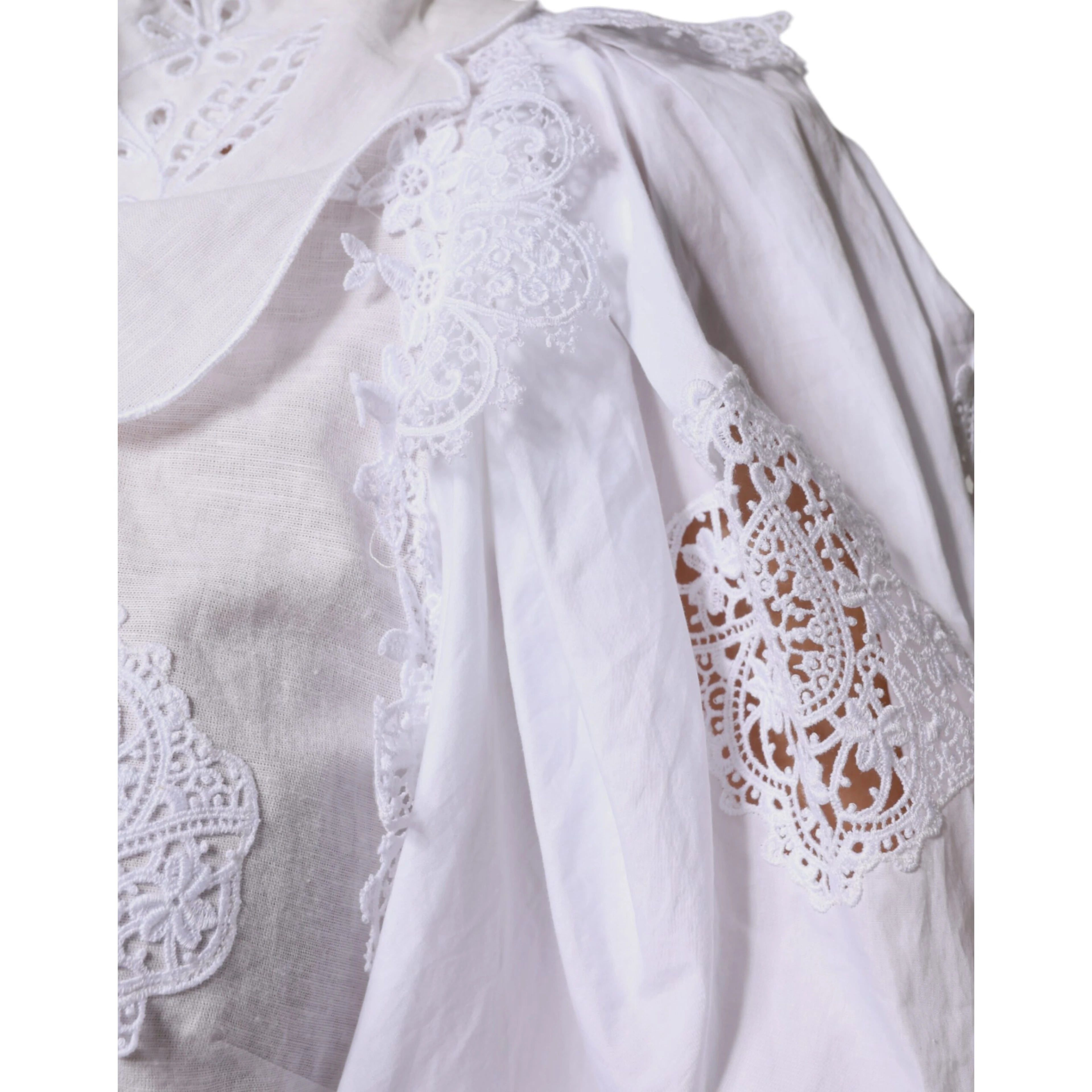 White Cotton Lace Trim Collared Blouse Top