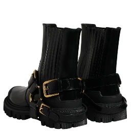 Black Leather Slip On Stretch Trekking Boots Shoes